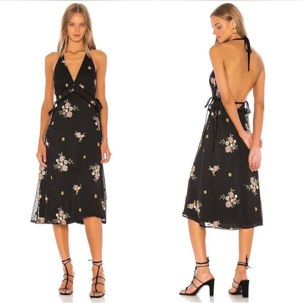 Majorelle $218 Gabriella Embroidered Midi Dress‎ Swiss Dot Halter Open Back XS